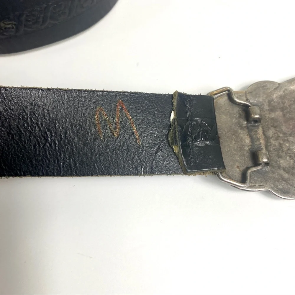 Vintage-Style Black Leather Belt with Ornate Silver-Tone Buckle